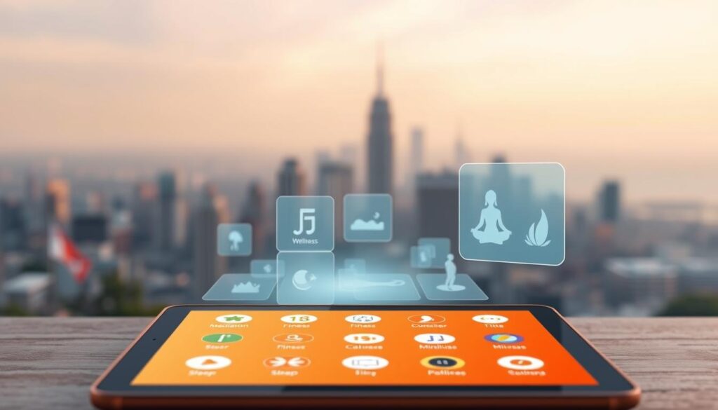 A serene digital landscape showcases a collection of wellness apps and platforms. In the foreground, a warm-toned tablet display features sleek, minimalist icons representing meditation, fitness, sleep, and mindfulness tools. The middle ground highlights holographic interfaces with soothing color palettes and organic shapes, conveying a sense of balance and harmony. In the background, a softly blurred cityscape recedes into the distance, symbolizing the integration of digital wellness resources into daily urban life. The overall composition is bathed in a gentle, diffused lighting that creates a calming, contemplative atmosphere, inviting the viewer to engage with the digital wellness ecosystem.